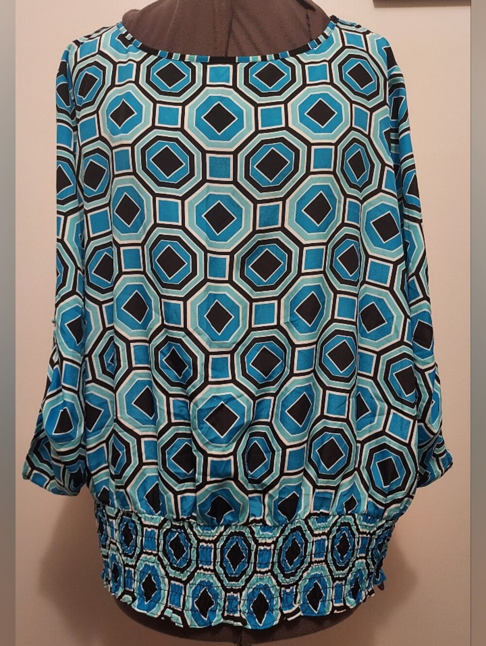 Michael Kors Blue-Green Geometric Print Blouse Long Sleeve Cinched Hem Size 1X